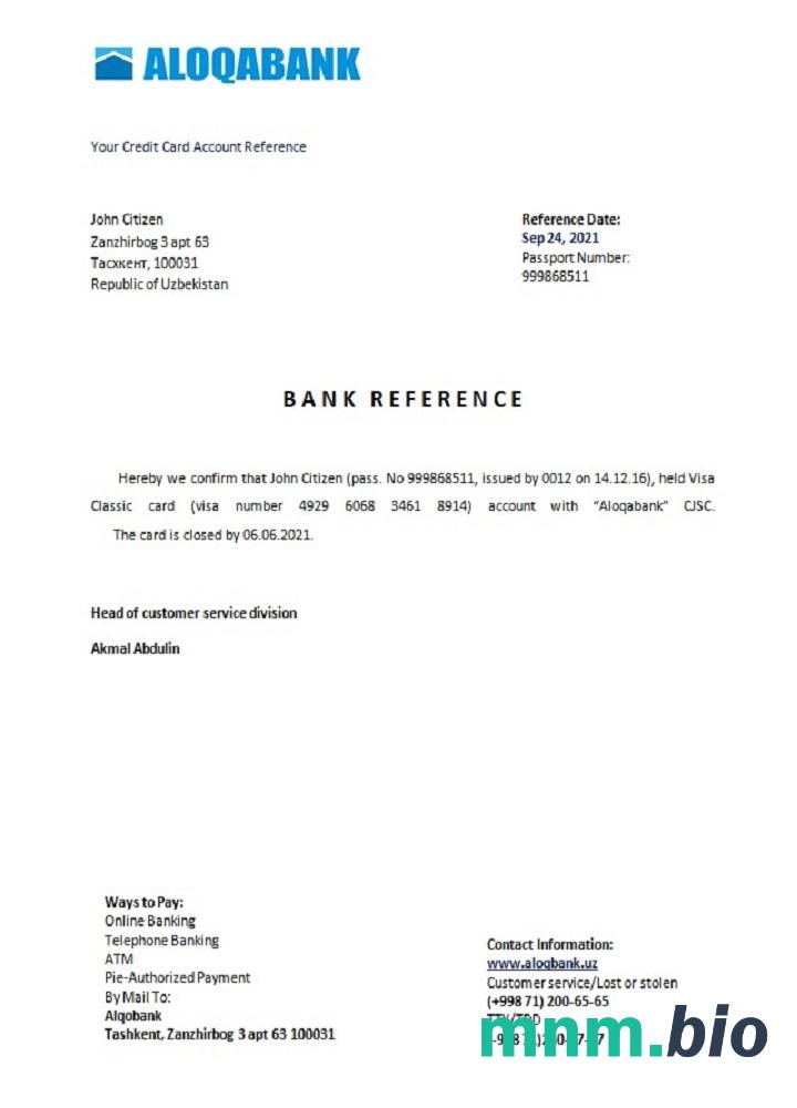 Przykład odniesienia do zamknięcia Uzbekistanu Aloqabank w formatach Word i PDF
